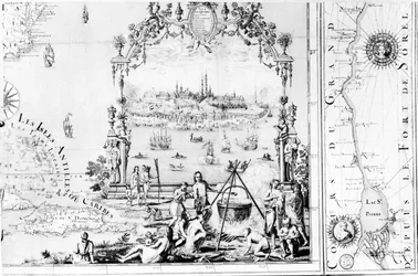 View of Quebec, cartouche of a map depicting St. Lawrence River from Sorel, 1699
